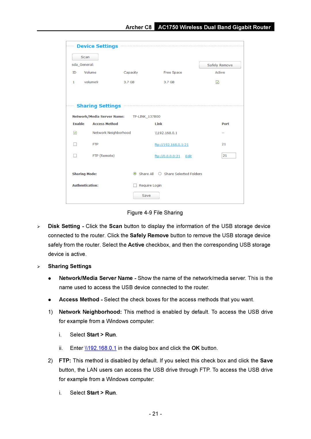 TP-Link AC1750 manual  Sharing Settings, Select Start Run 