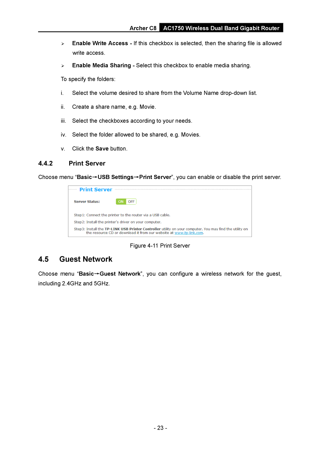 TP-Link AC1750 manual Guest Network, Print Server 