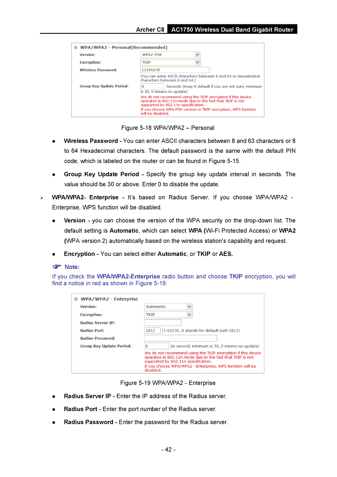 TP-Link AC1750 manual  Encryption You can select either Automatic, or Tkip or AES 