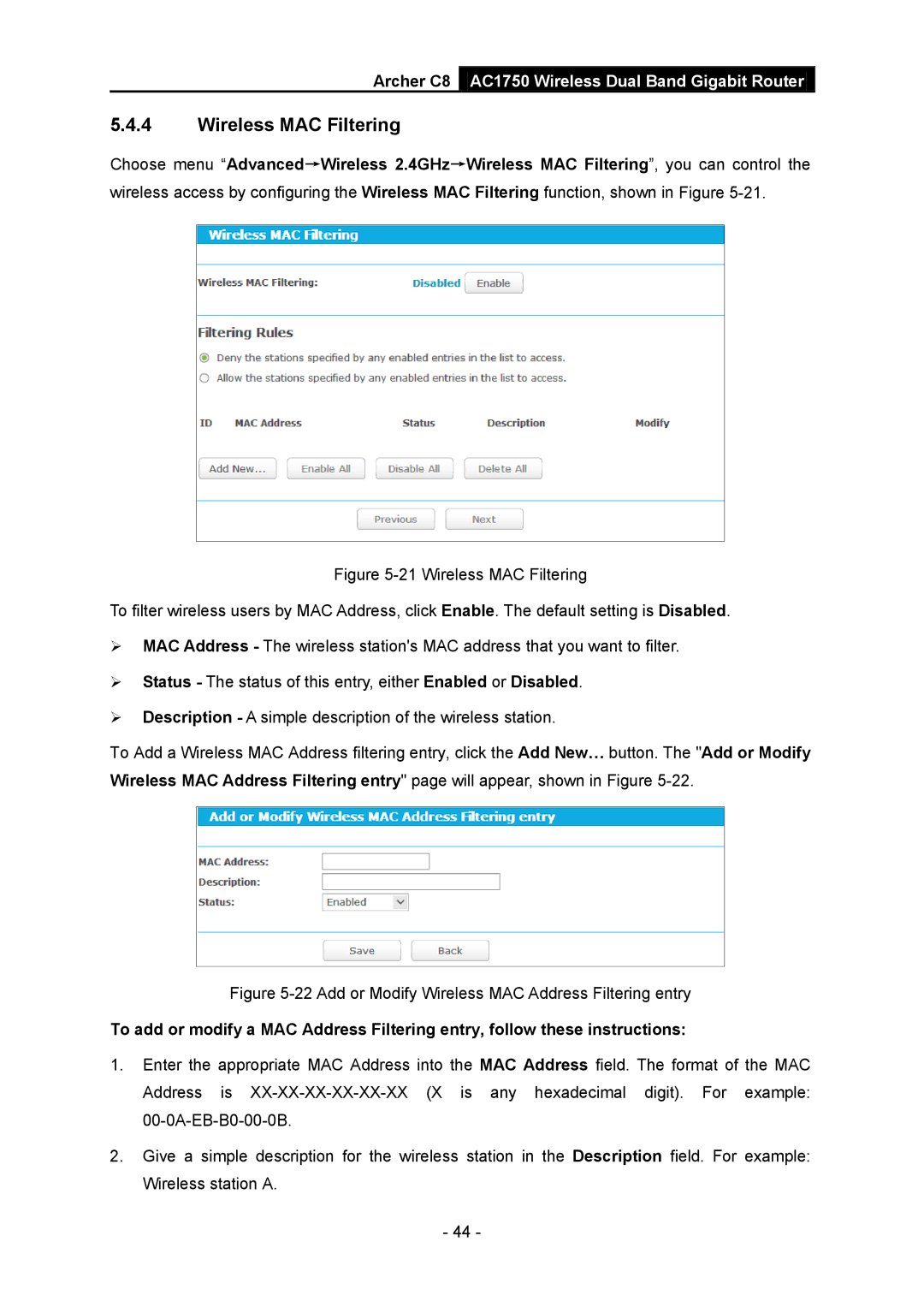 TP-Link AC1750 manual Wireless MAC Filtering, Add or Modify Wireless MAC Address Filtering entry 