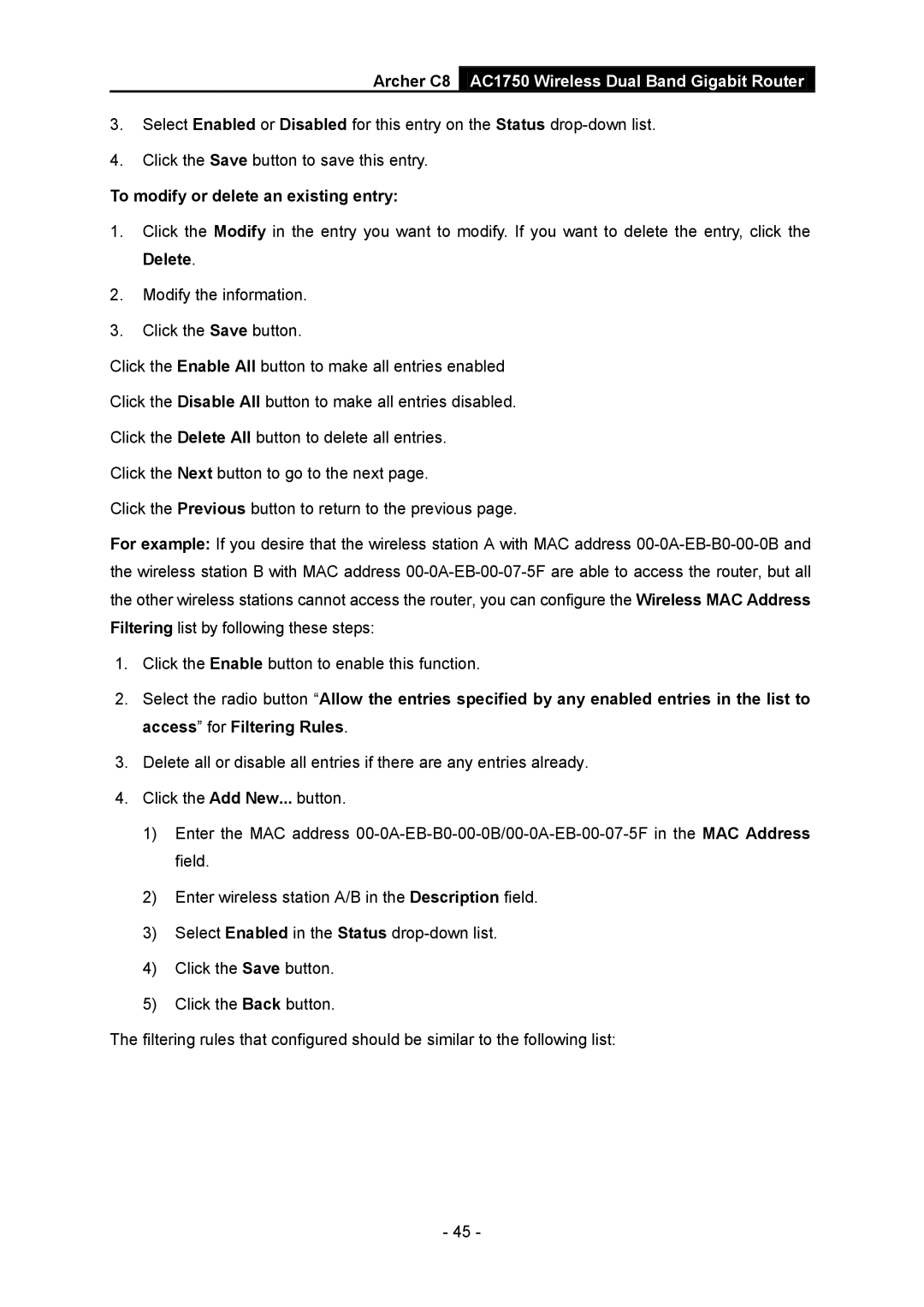 TP-Link AC1750 manual To modify or delete an existing entry 