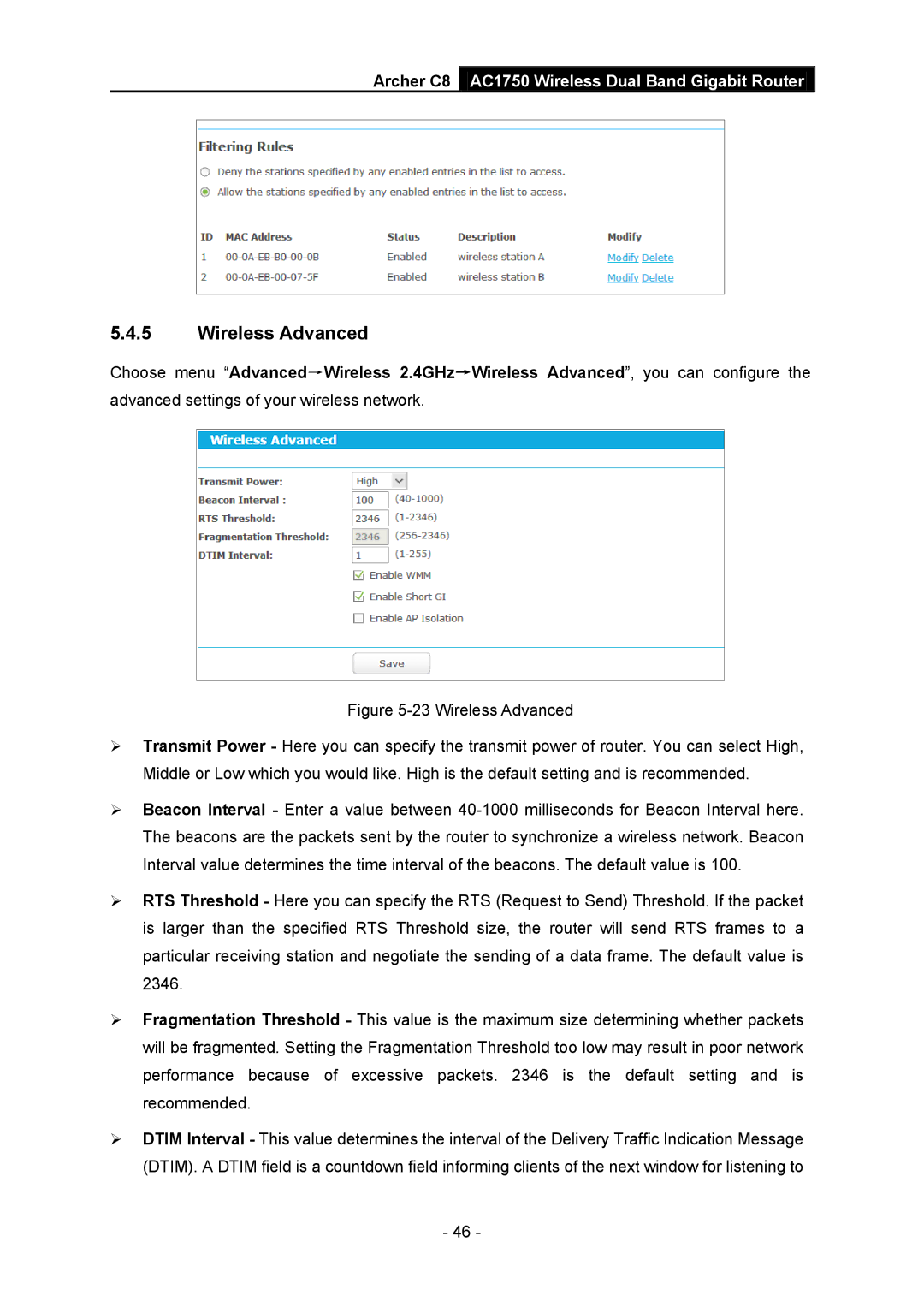 TP-Link AC1750 manual Wireless Advanced 