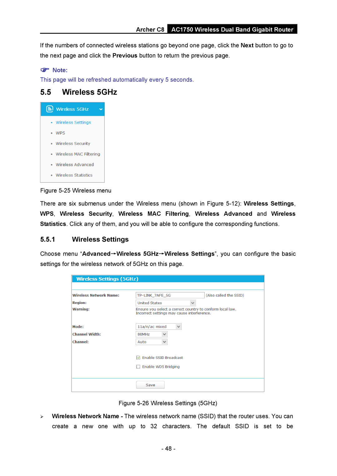 TP-Link AC1750 manual Wireless 5GHz, Wireless Settings 