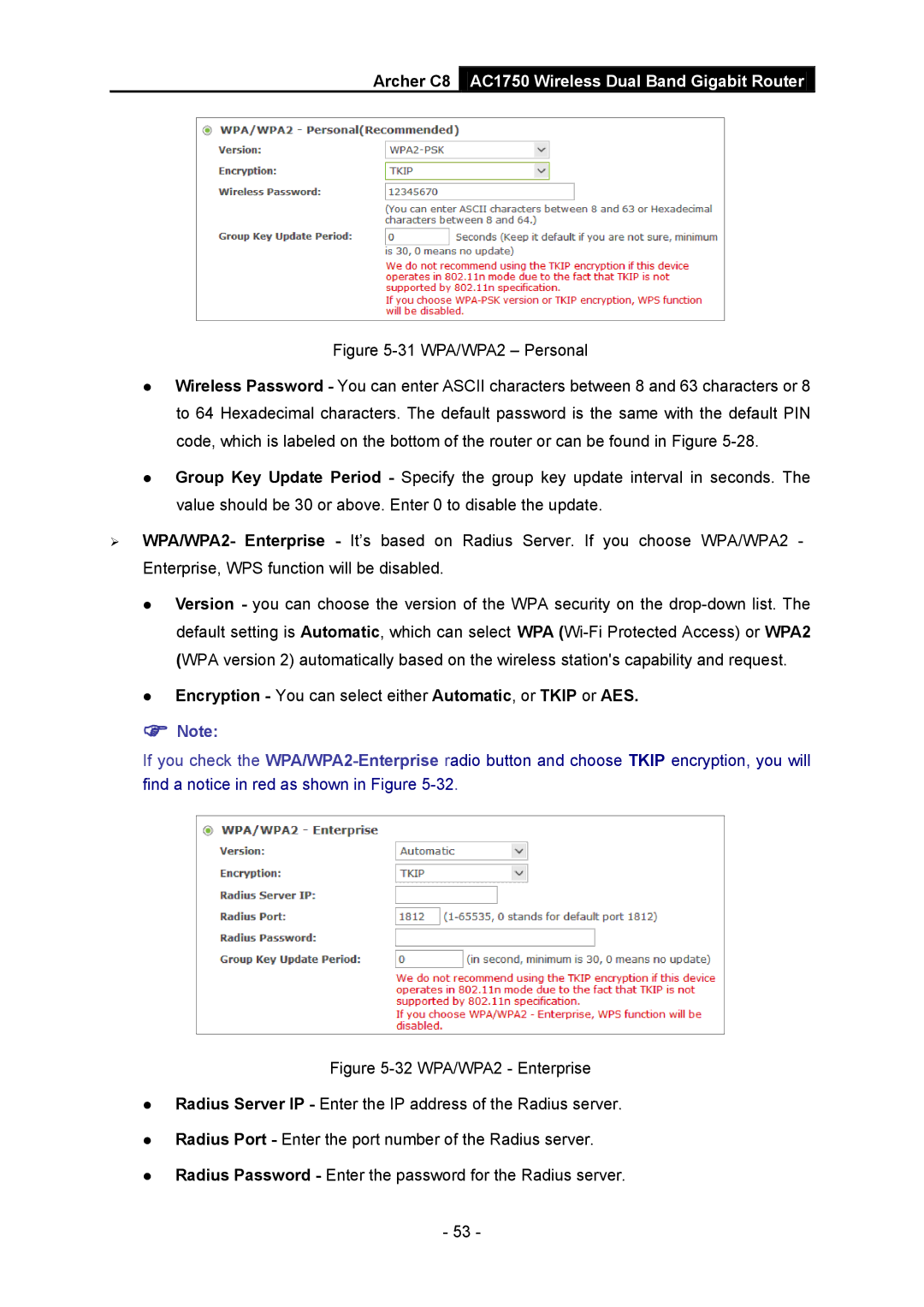 TP-Link AC1750 manual  Encryption You can select either Automatic, or Tkip or AES 