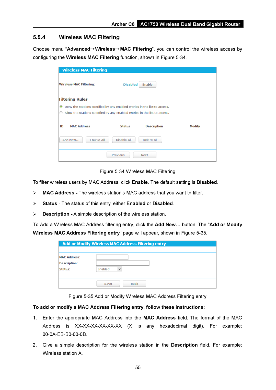 TP-Link AC1750 manual Add or Modify Wireless MAC Address Filtering entry 