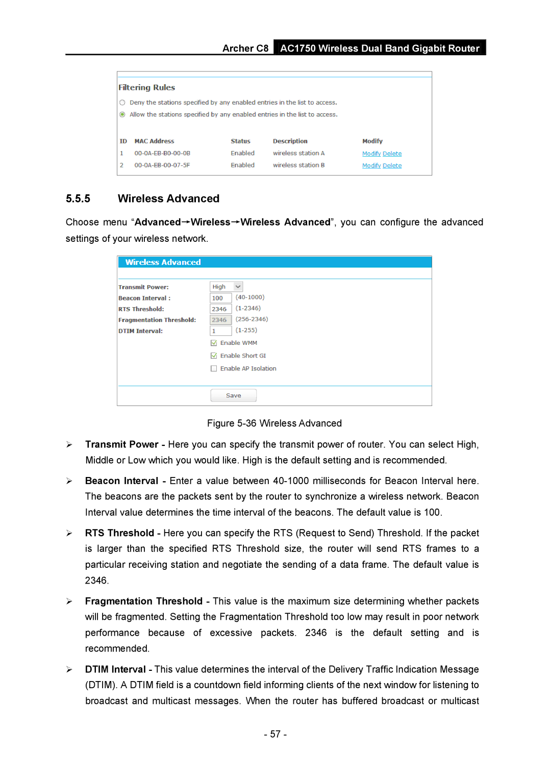 TP-Link AC1750 manual Wireless Advanced 