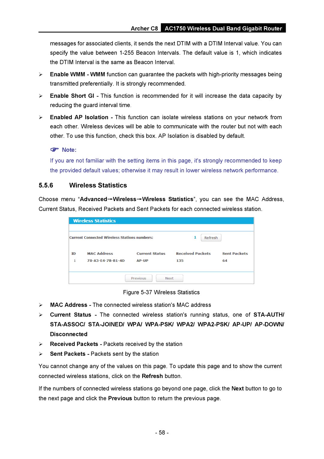 TP-Link AC1750 manual Wireless Statistics 