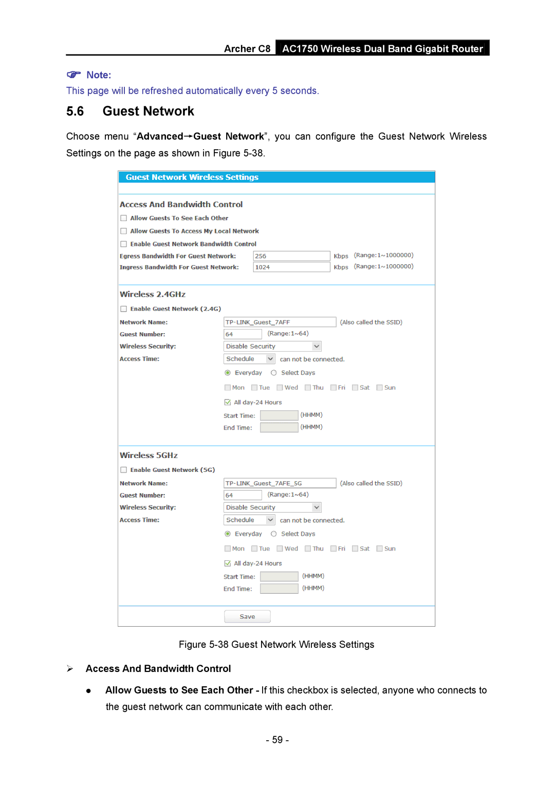 TP-Link AC1750 manual Guest Network Wireless Settings,  Access And Bandwidth Control 