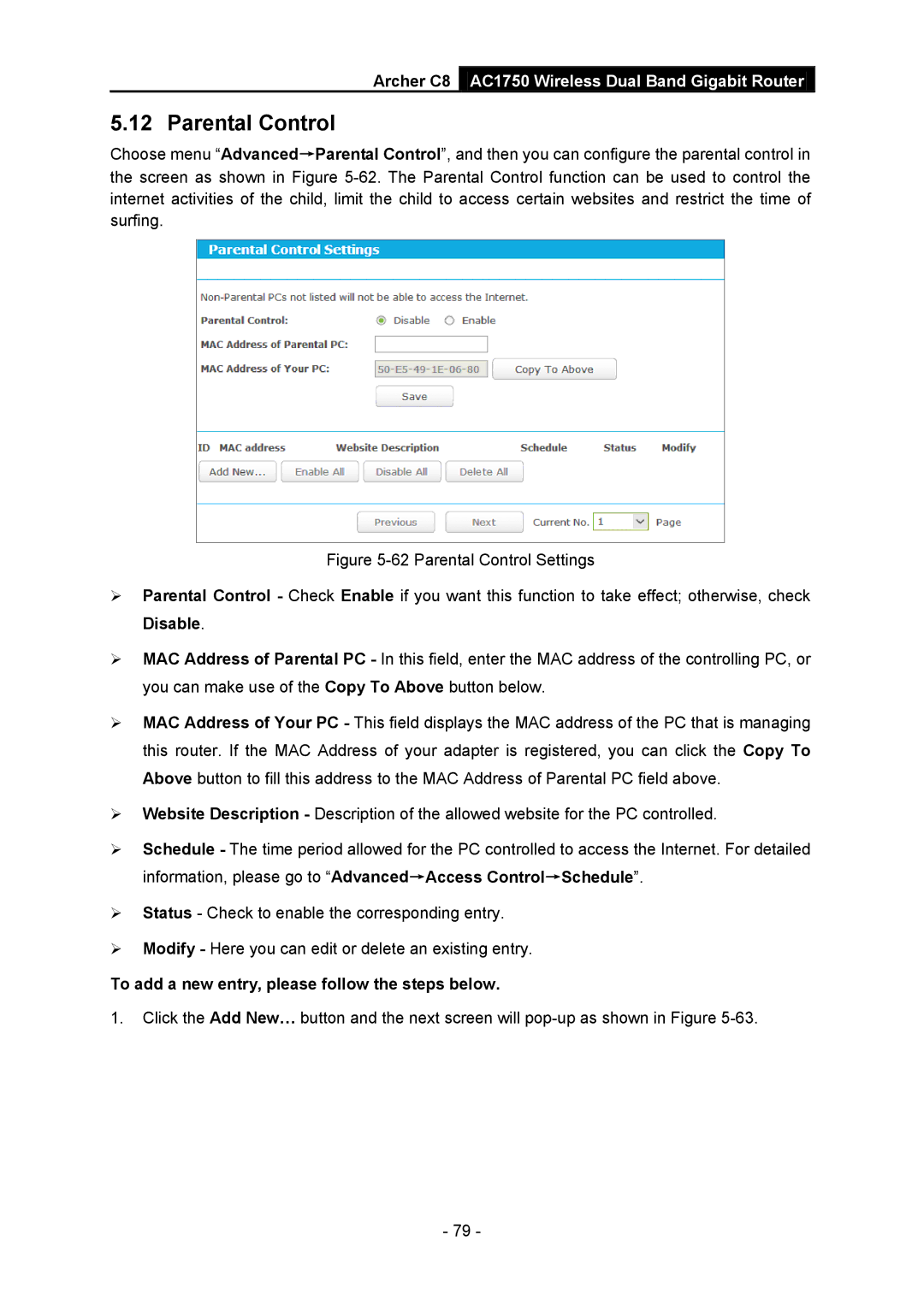 TP-Link AC1750 manual Parental Control, To add a new entry, please follow the steps below 