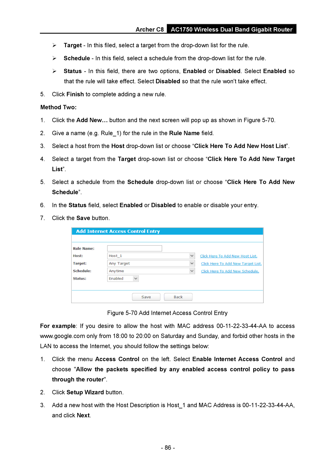 TP-Link AC1750 manual Method Two, Add Internet Access Control Entry 