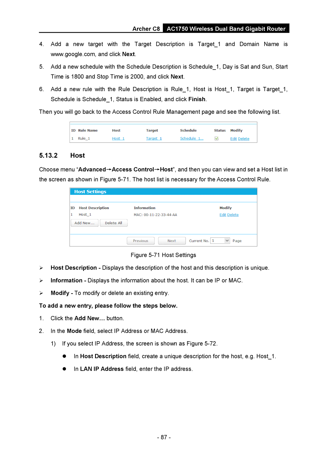 TP-Link AC1750 manual Host, To add a new entry, please follow the steps below 