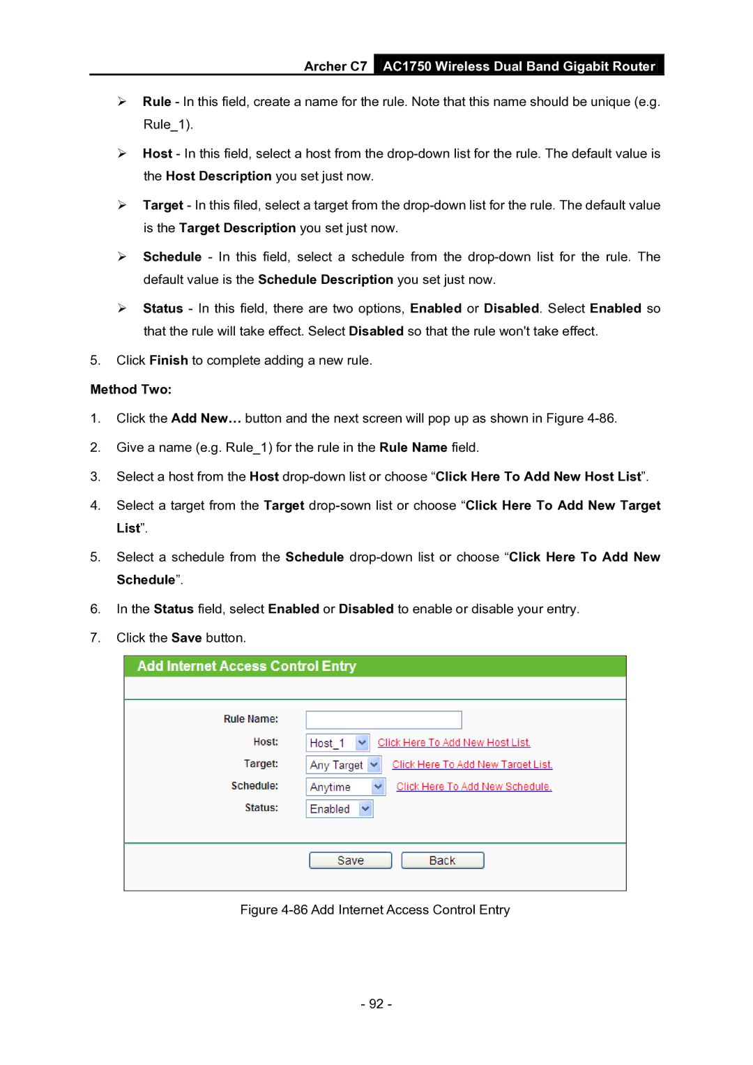 TP-Link AC1750 manual Method Two, Add Internet Access Control Entry 