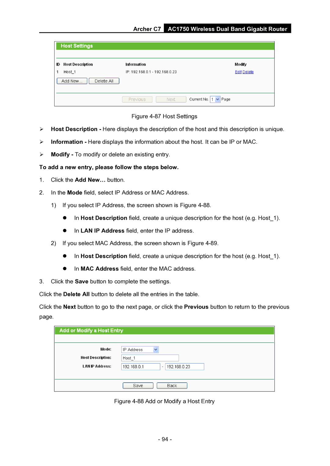 TP-Link AC1750 manual Add or Modify a Host Entry 