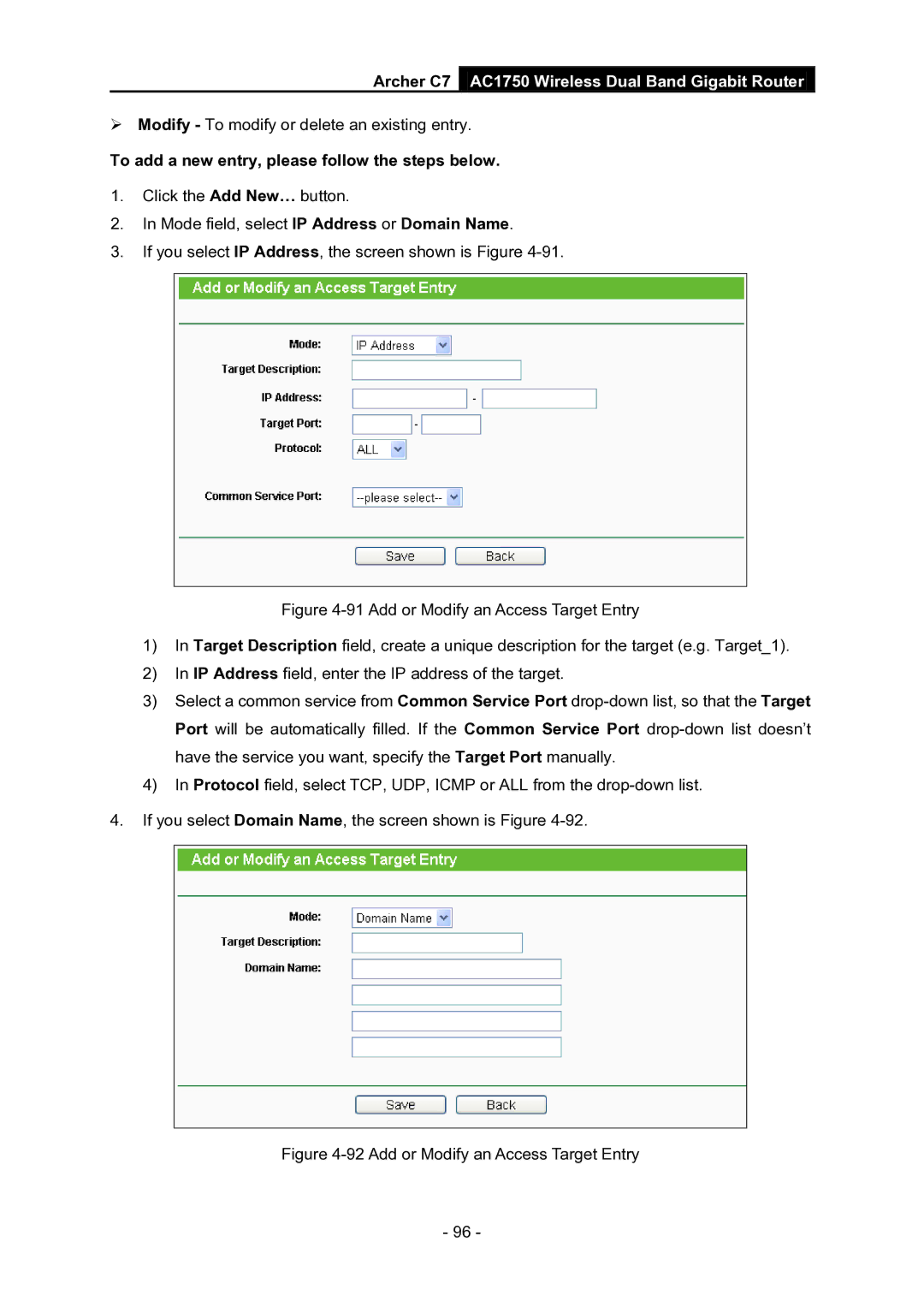 TP-Link AC1750 manual Add or Modify an Access Target Entry 