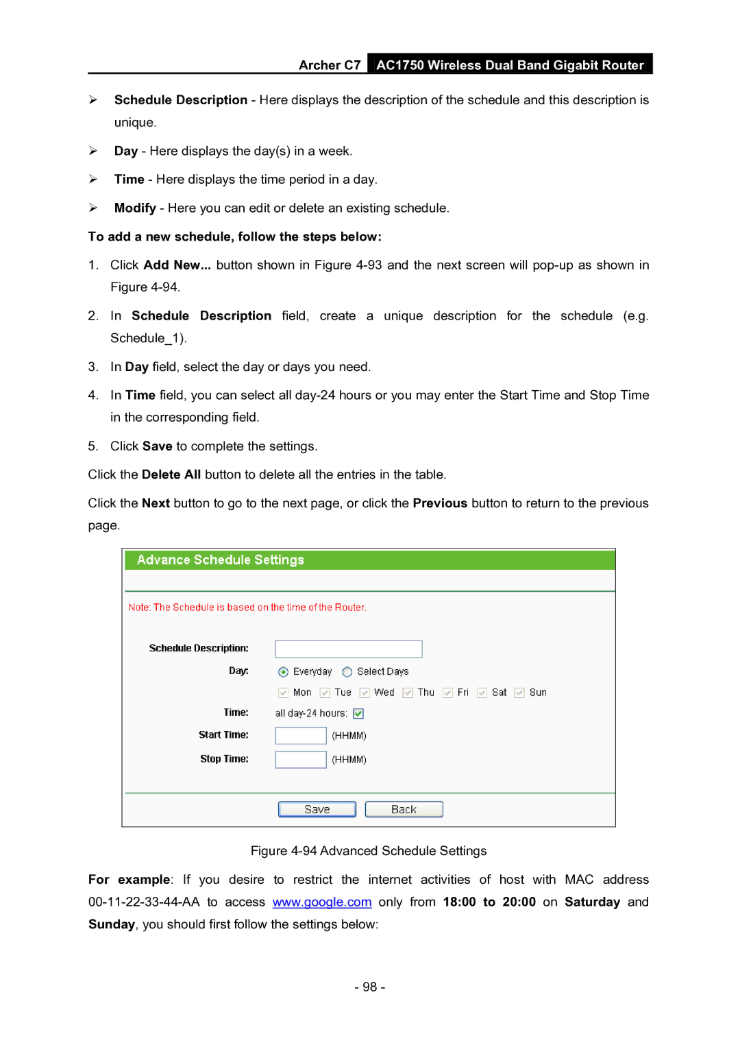 TP-Link AC1750 manual To add a new schedule, follow the steps below, Advanced Schedule Settings 