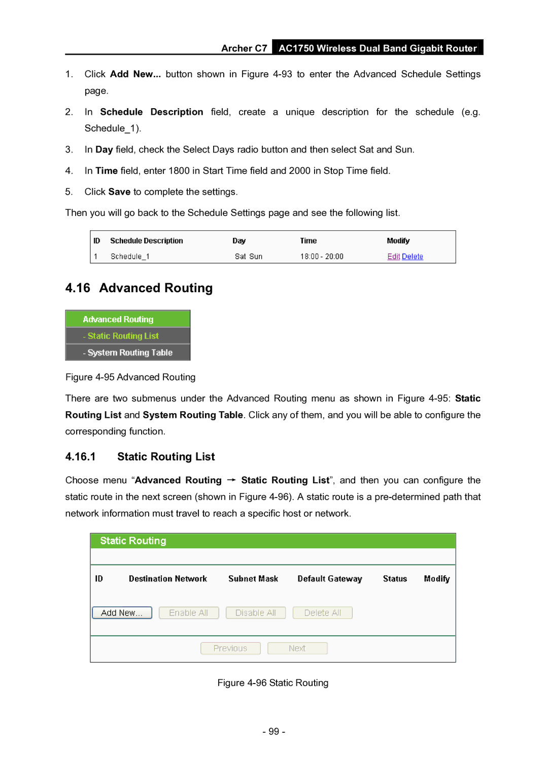 TP-Link AC1750 manual Advanced Routing, Static Routing List 