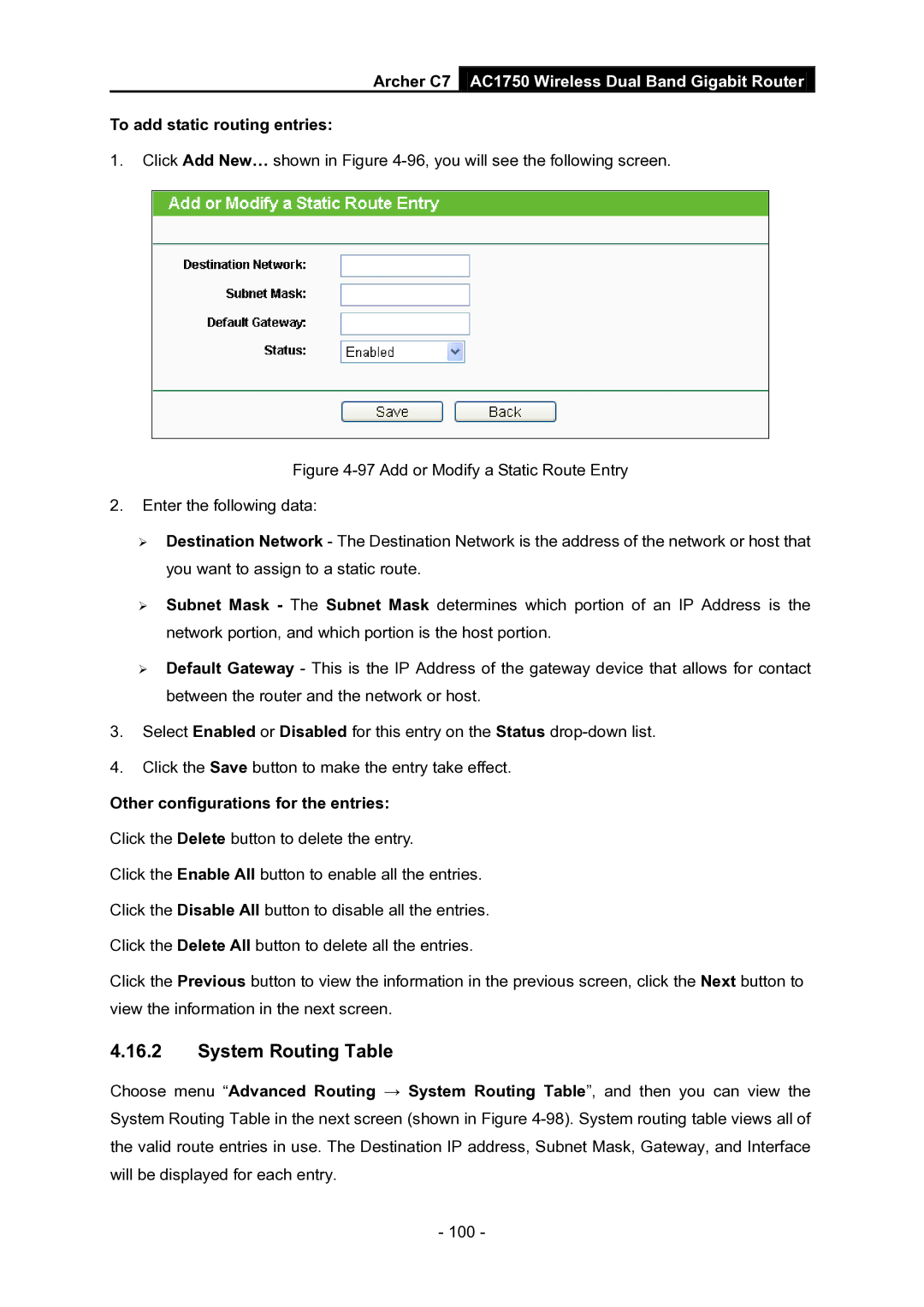 TP-Link AC1750 manual System Routing Table, To add static routing entries, Other configurations for the entries 