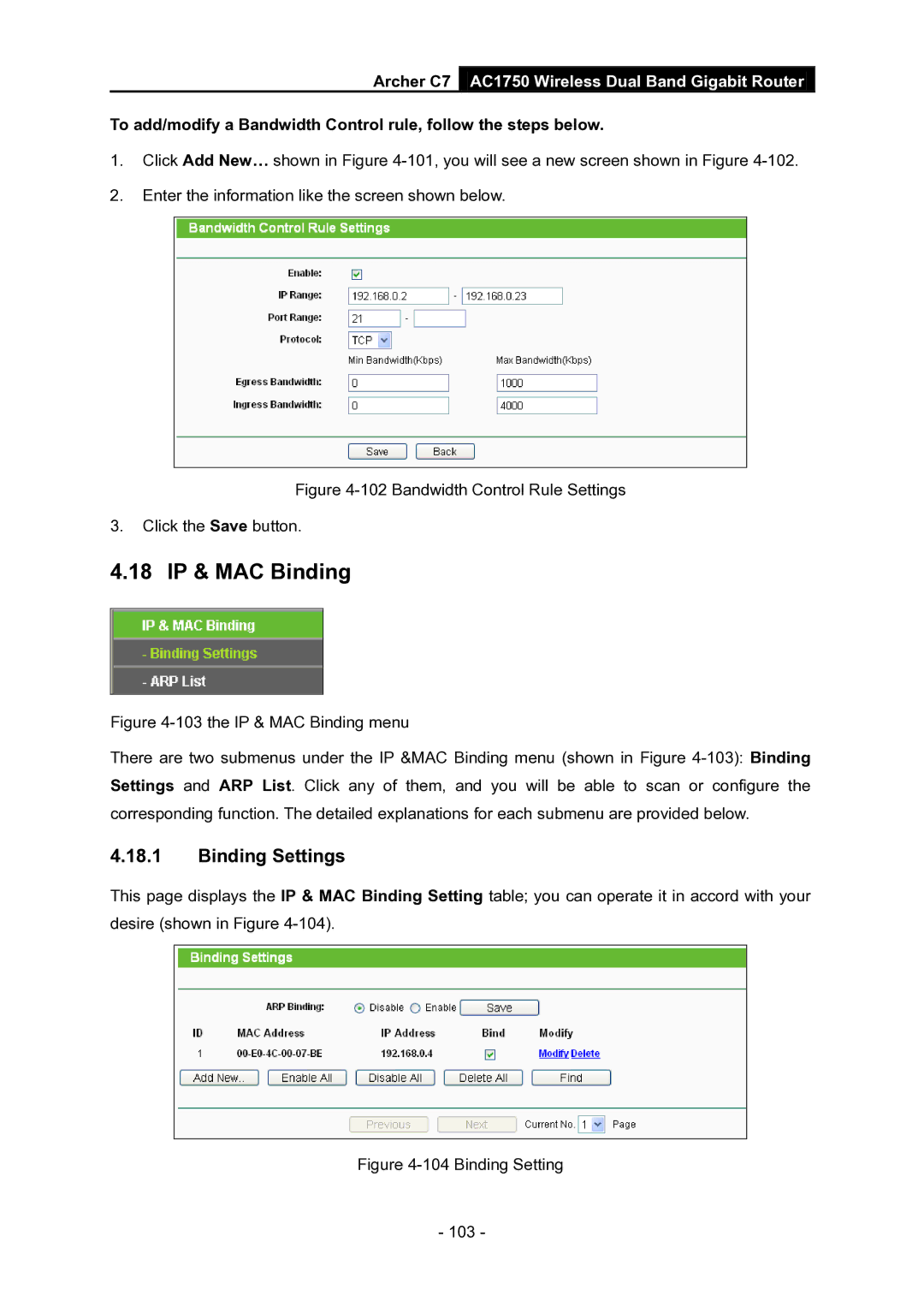 TP-Link AC1750 manual 18 IP & MAC Binding, Binding Settings 