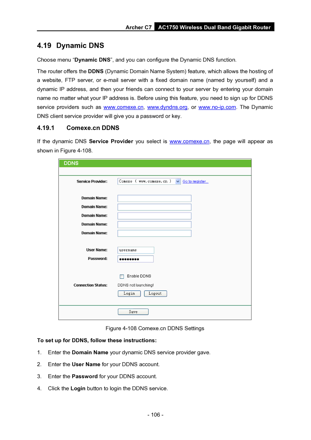 TP-Link AC1750 manual Dynamic DNS, Comexe.cn Ddns, To set up for DDNS, follow these instructions 