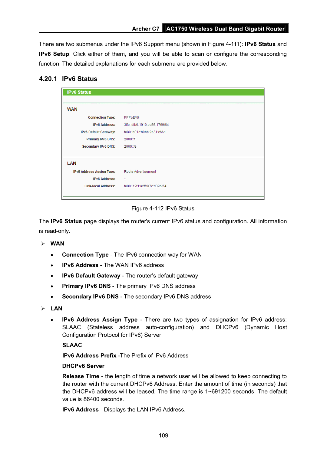 TP-Link AC1750 manual 20.1 IPv6 Status, DHCPv6 Server 