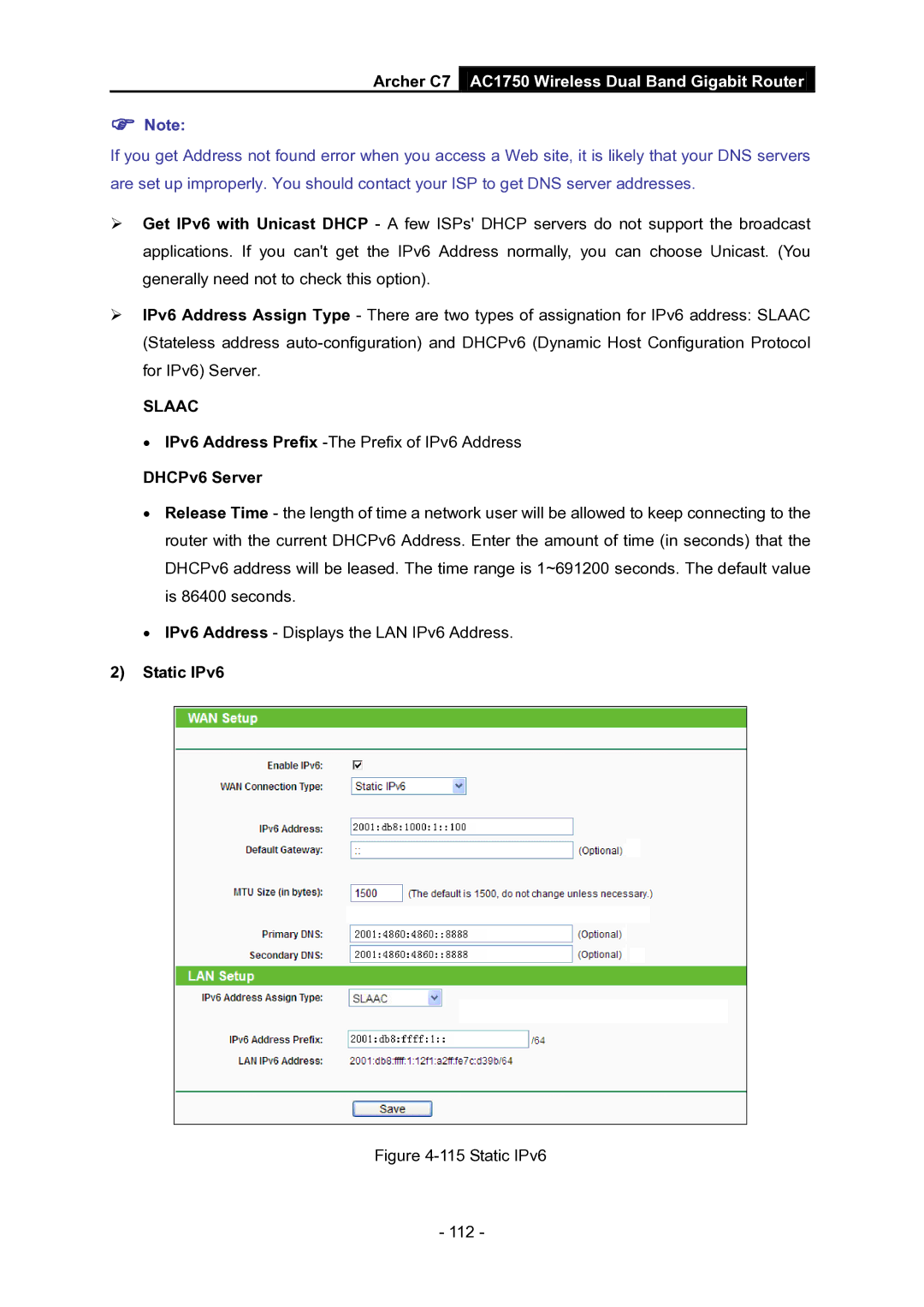 TP-Link AC1750 manual Static IPv6 112 