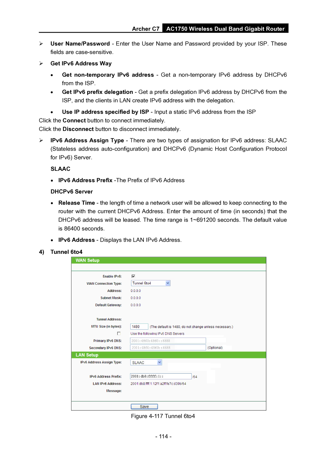 TP-Link AC1750 manual  Get IPv6 Address Way, Tunnel 6to4 