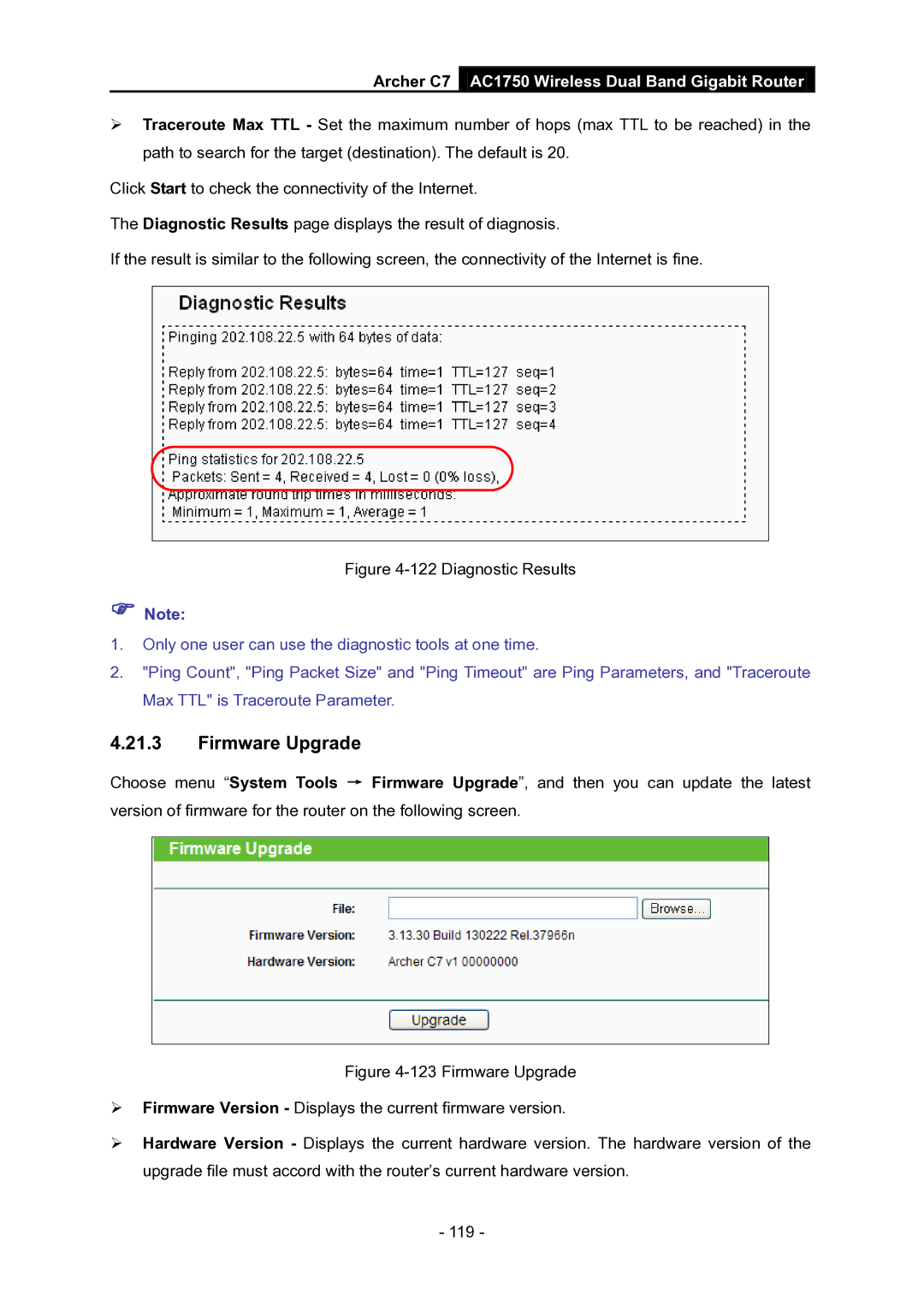 TP-Link AC1750 manual Firmware Upgrade, Diagnostic Results 