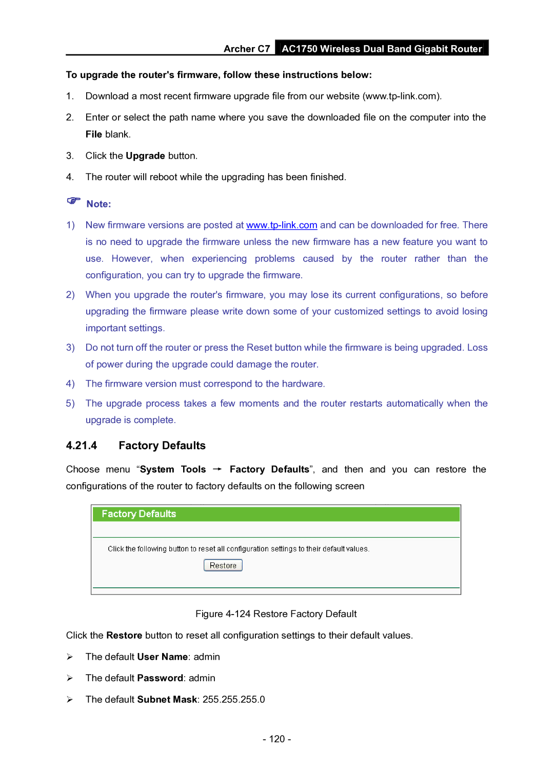 TP-Link AC1750 manual Factory Defaults, Archer C7 