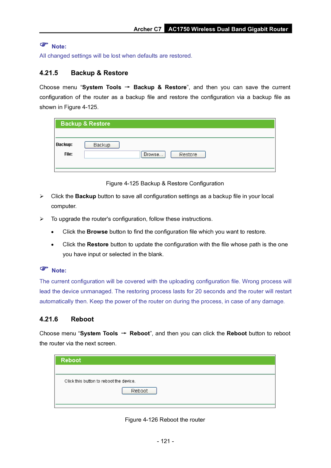 TP-Link AC1750 manual Backup & Restore, Reboot 