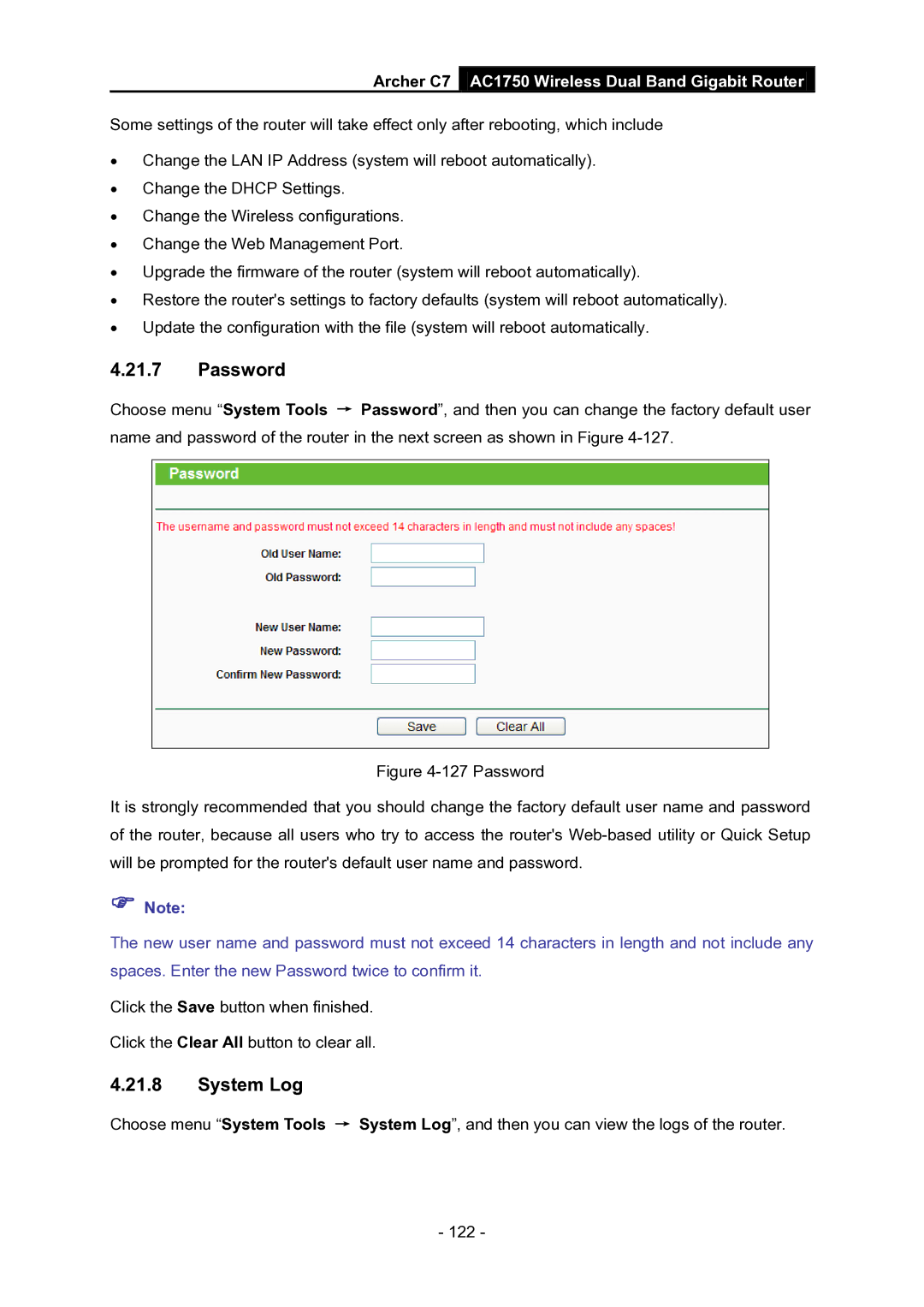 TP-Link AC1750 manual Password, System Log 