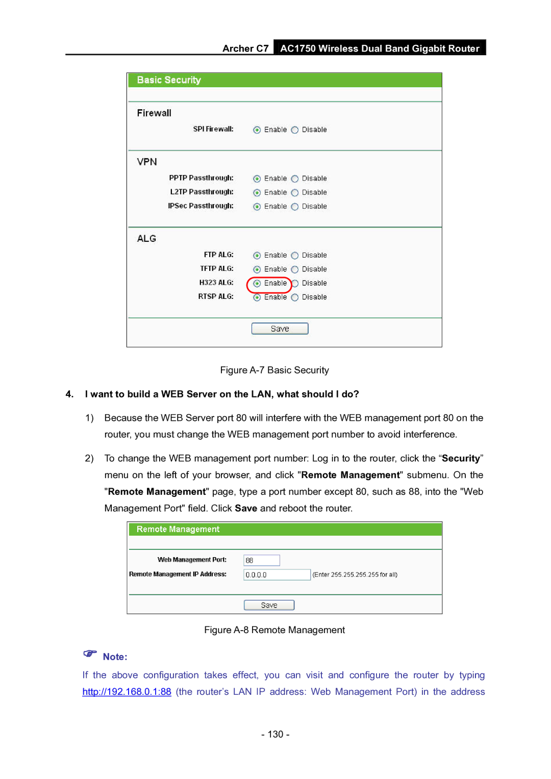 TP-Link AC1750 manual Figure A-7 Basic Security, Want to build a WEB Server on the LAN, what should I do? 