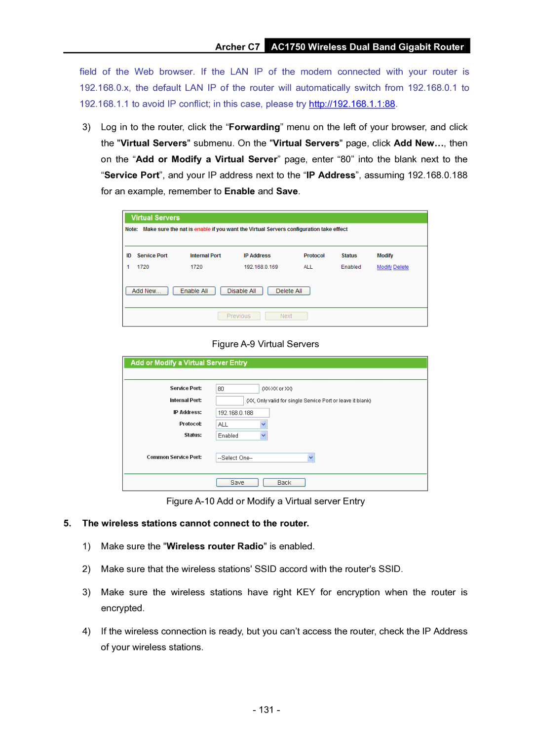 TP-Link AC1750 manual Figure A-9 Virtual Servers, Wireless stations cannot connect to the router 