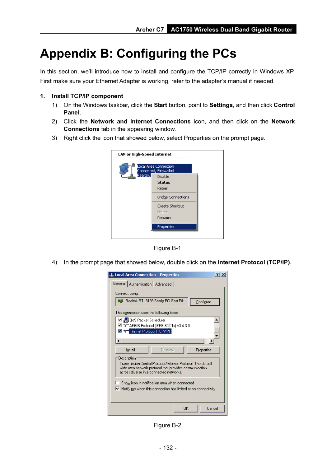 TP-Link AC1750 manual Appendix B Configuring the PCs, Install TCP/IP component 