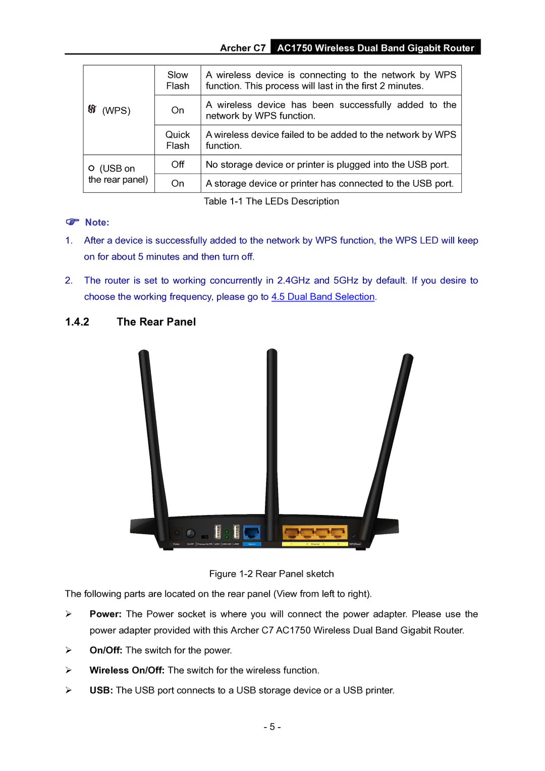 TP-Link AC1750 manual Rear Panel, Archer C7 