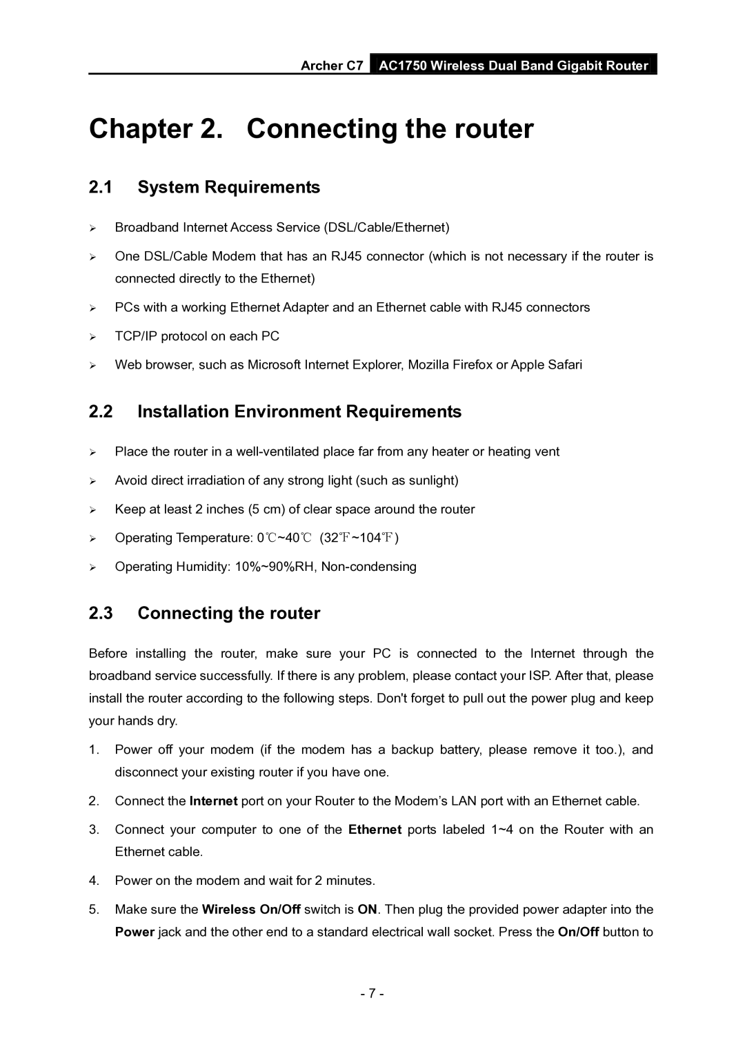 TP-Link AC1750 manual System Requirements, Installation Environment Requirements, Connecting the router 