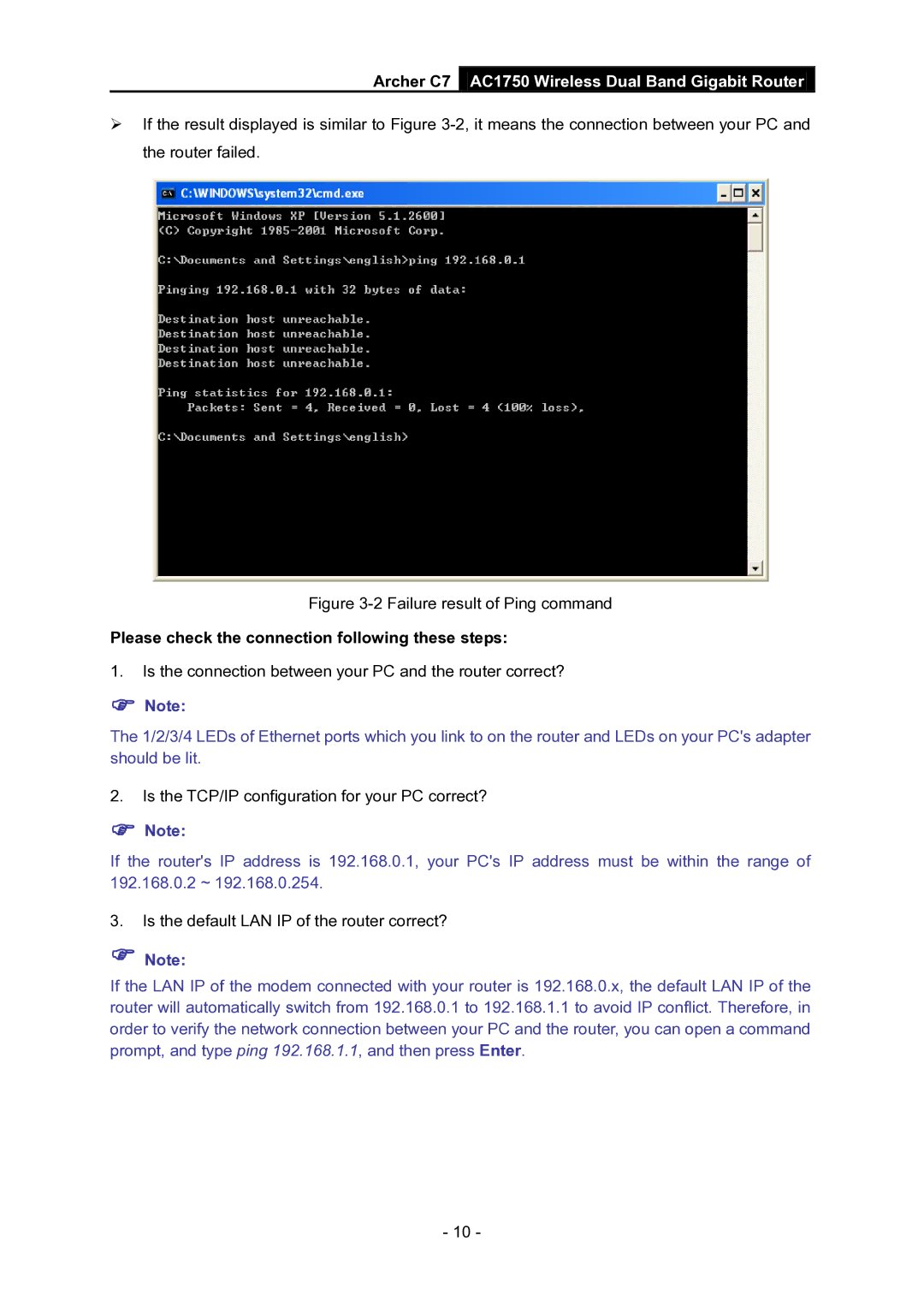 TP-Link AC1750 manual Failure result of Ping command, Please check the connection following these steps 