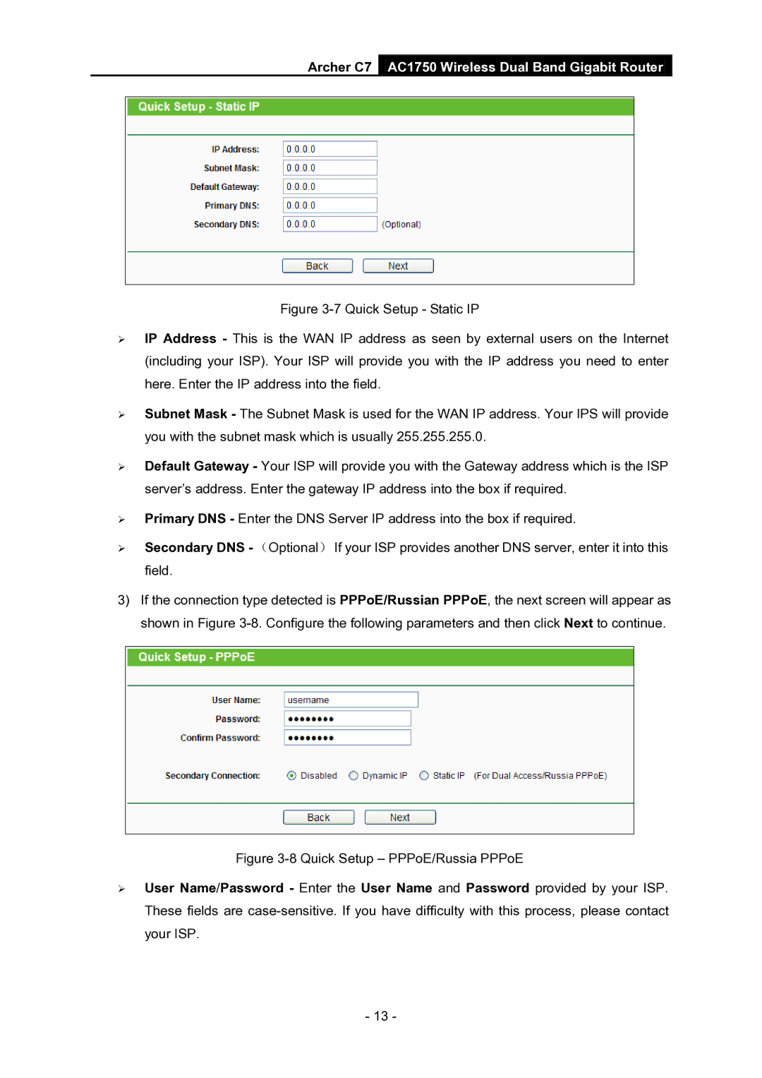 TP-Link AC1750 manual Quick Setup PPPoE/Russia PPPoE 