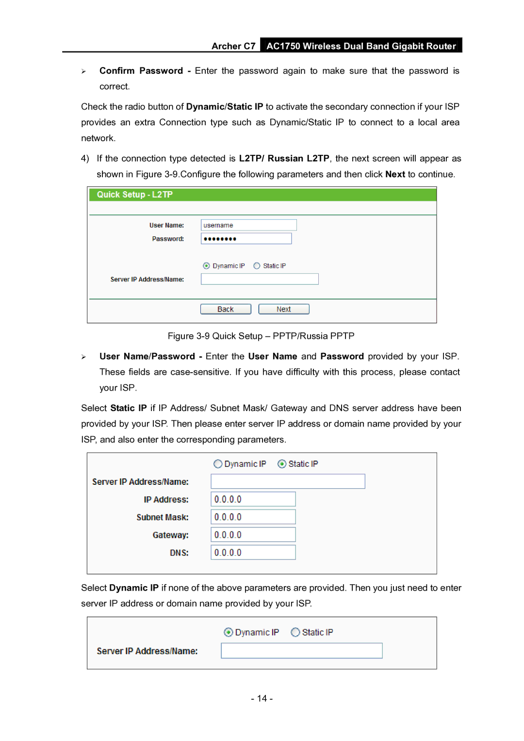 TP-Link AC1750 manual Quick Setup PPTP/Russia Pptp 