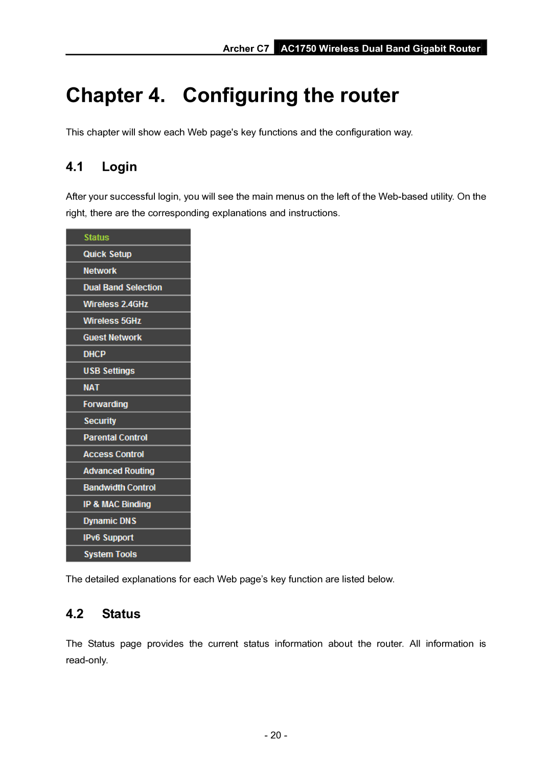 TP-Link AC1750 manual Login, Status 