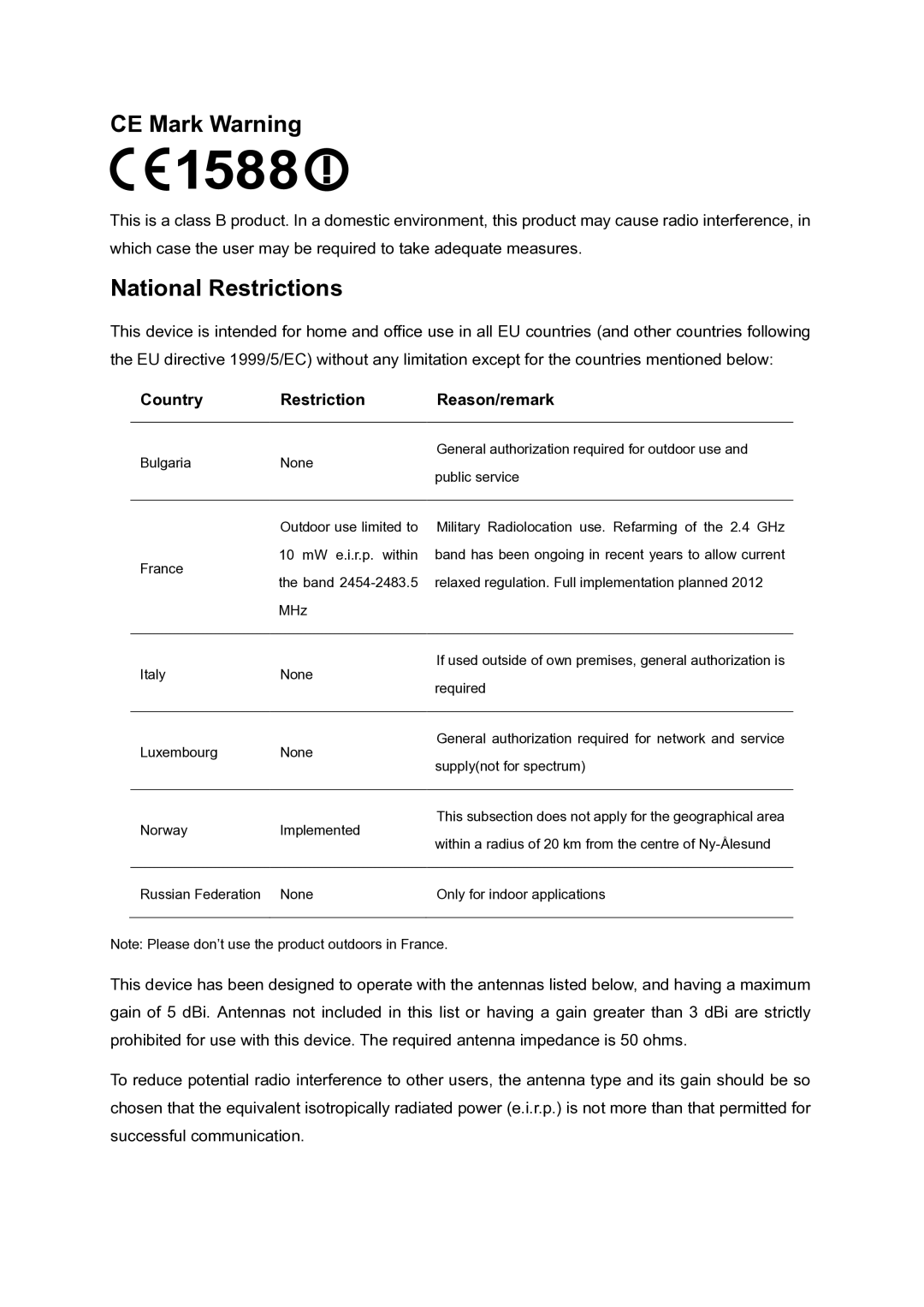 TP-Link AC1750 manual CE Mark Warning, Country Restriction Reason/remark 