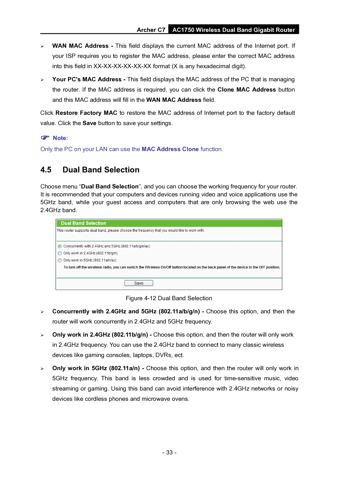 TP-Link AC1750 manual Dual Band Selection 