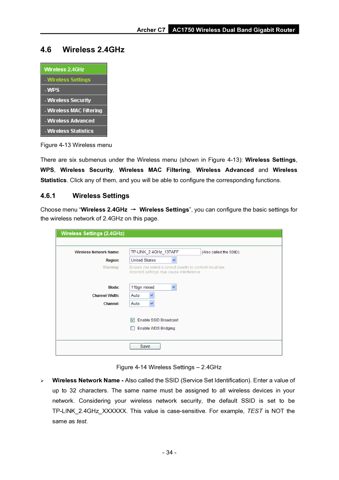 TP-Link AC1750 manual Wireless 2.4GHz, Wireless Settings 