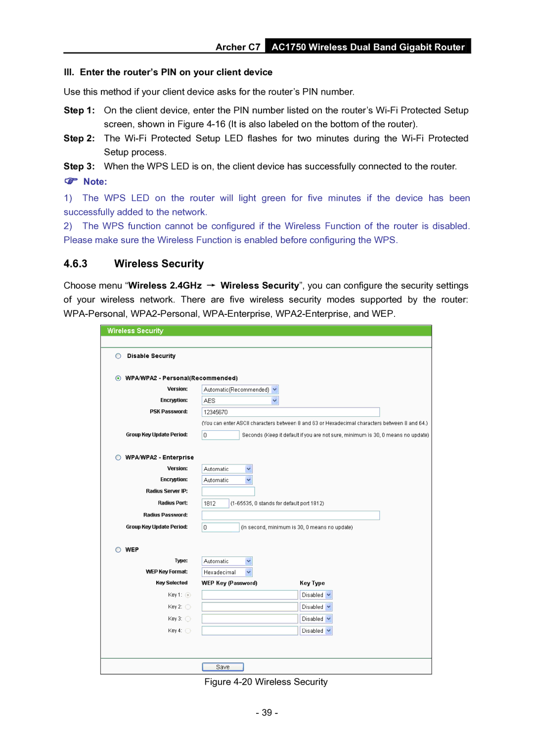 TP-Link AC1750 manual Wireless Security, III. Enter the router’s PIN on your client device 