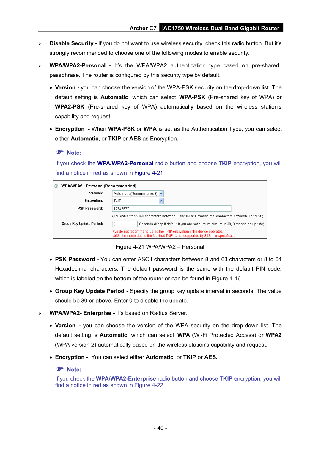 TP-Link AC1750 manual Encryption You can select either Automatic, or Tkip or AES 