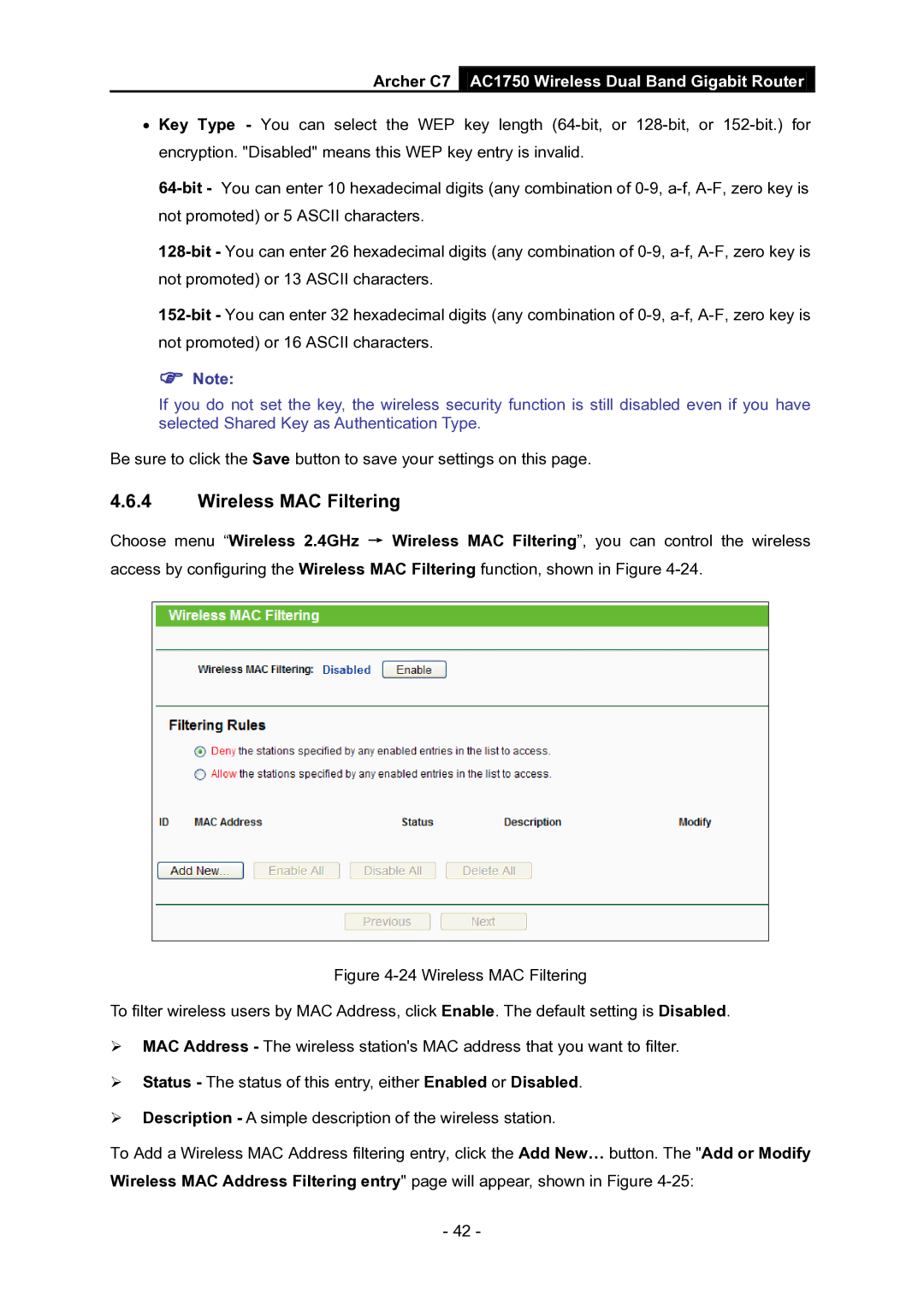 TP-Link AC1750 manual Wireless MAC Filtering 