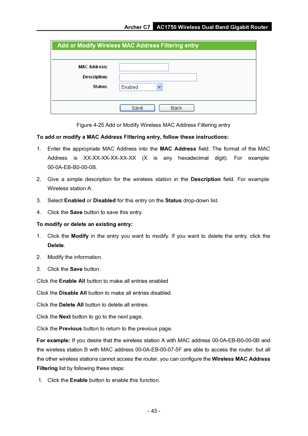 TP-Link AC1750 manual Add or Modify Wireless MAC Address Filtering entry, To modify or delete an existing entry 