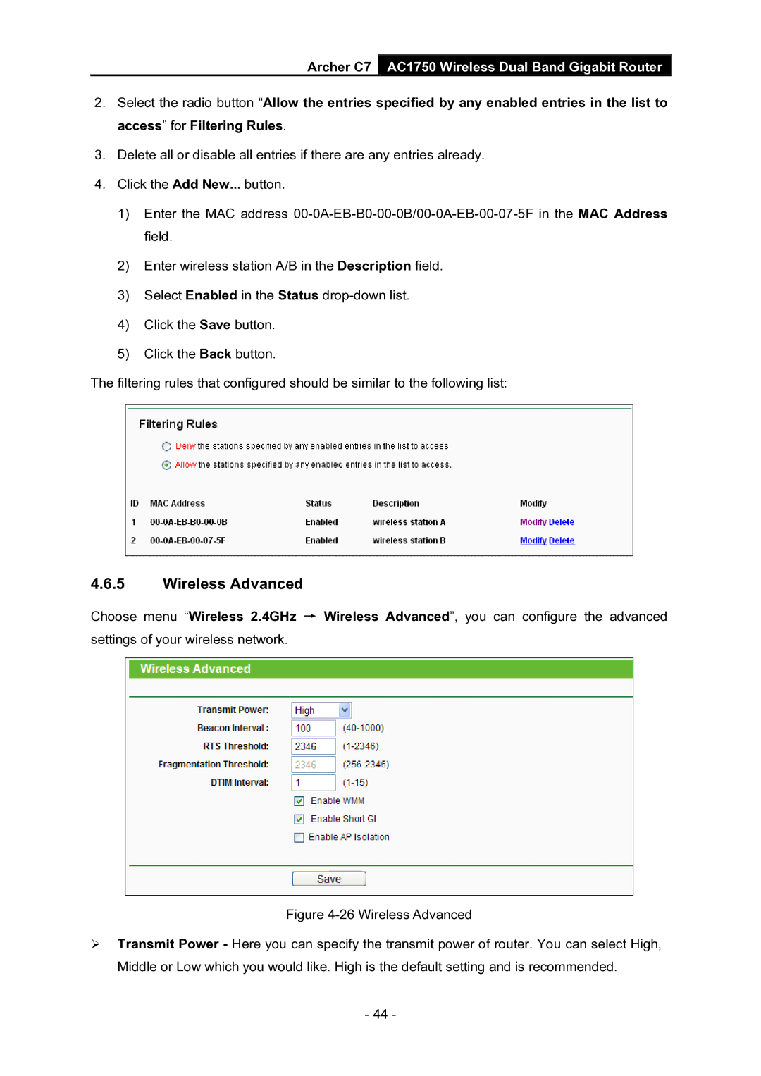 TP-Link AC1750 manual Wireless Advanced 