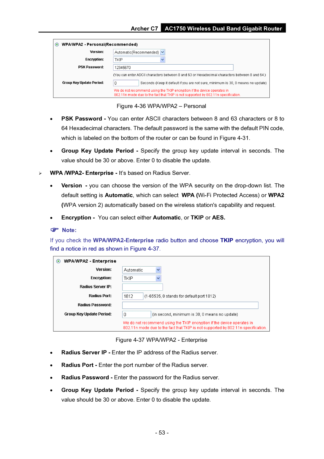 TP-Link AC1750 manual Encryption You can select either Automatic, or Tkip or AES 