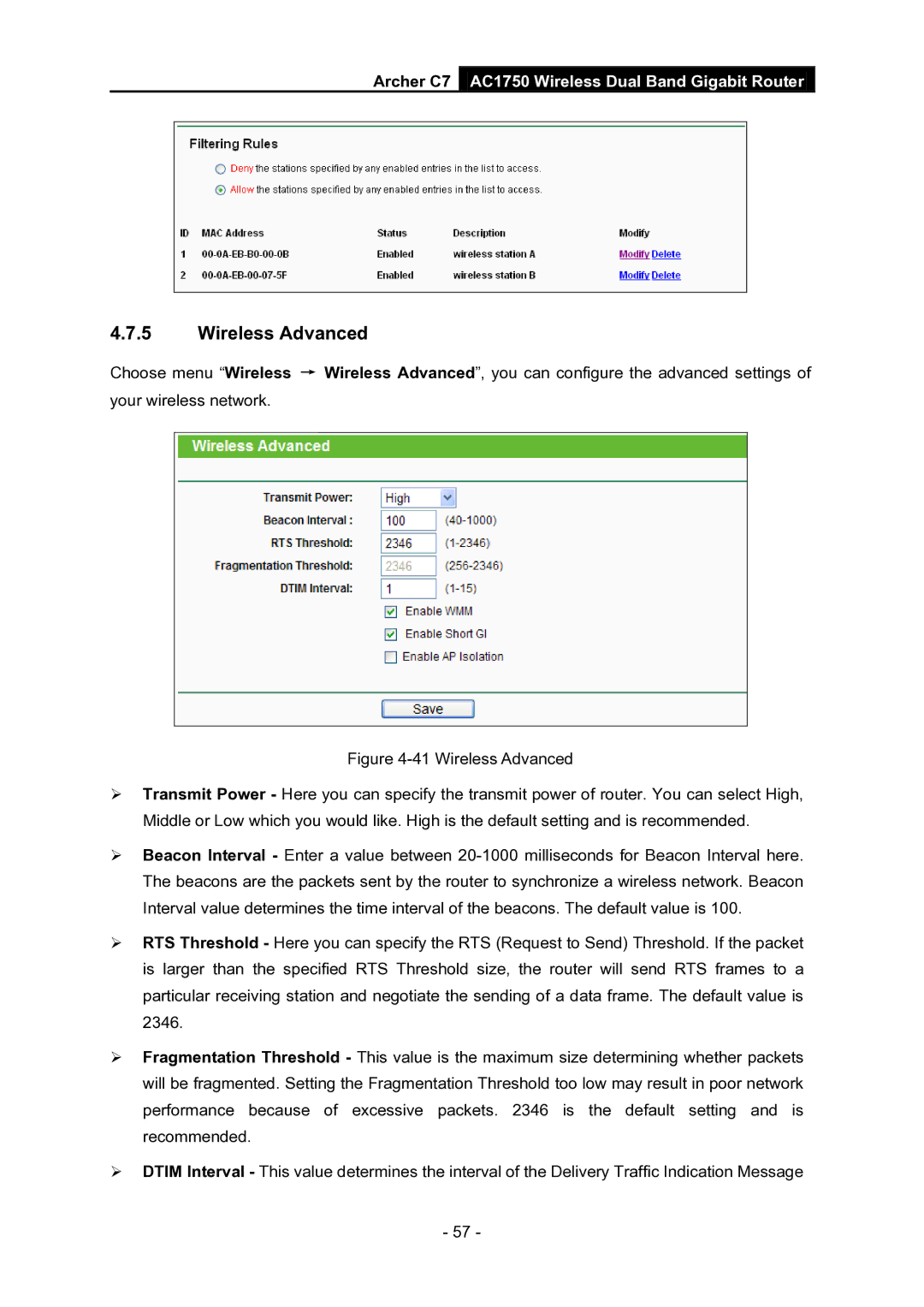 TP-Link AC1750 manual Wireless Advanced 