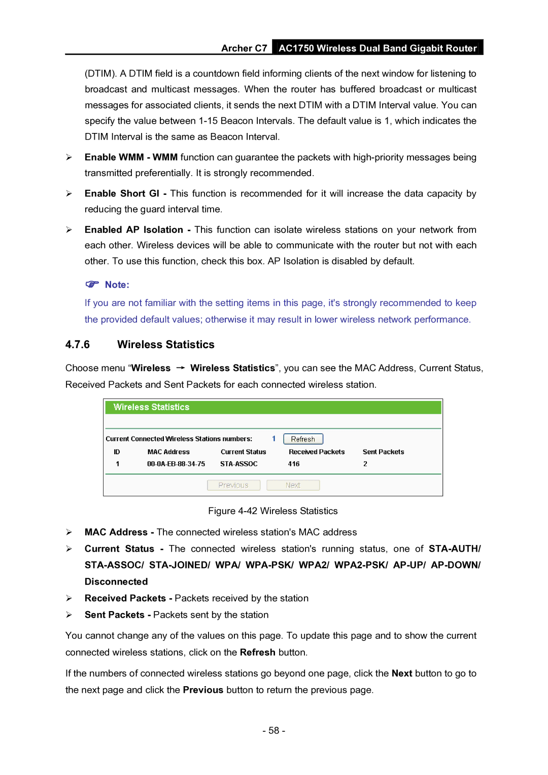 TP-Link AC1750 manual Wireless Statistics 